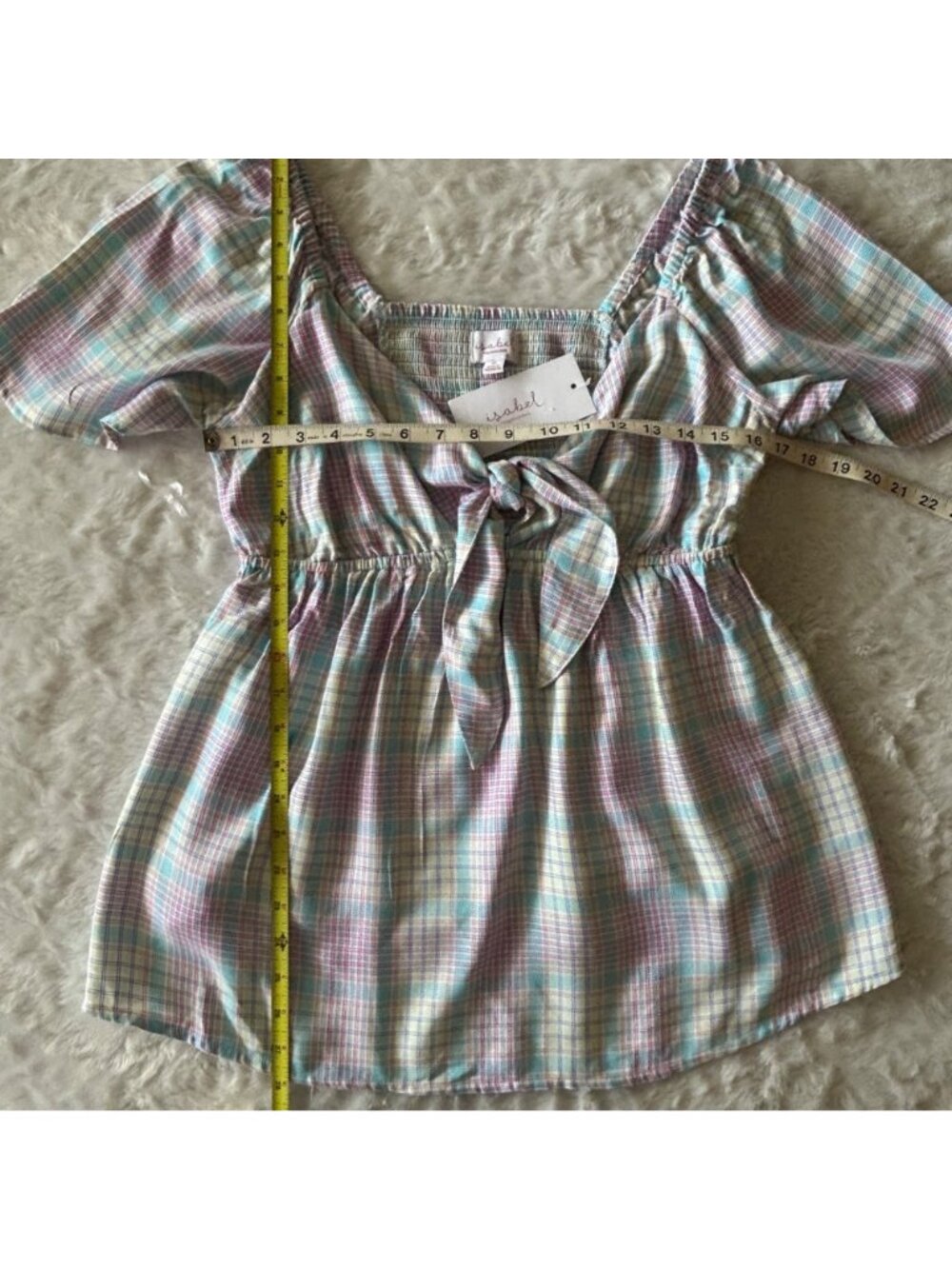 NWT Isabel Maternity Top Pastel‎ Plaid Tie-Front Smocked Back Short Sleeves Sz M - Picture 5 of 6